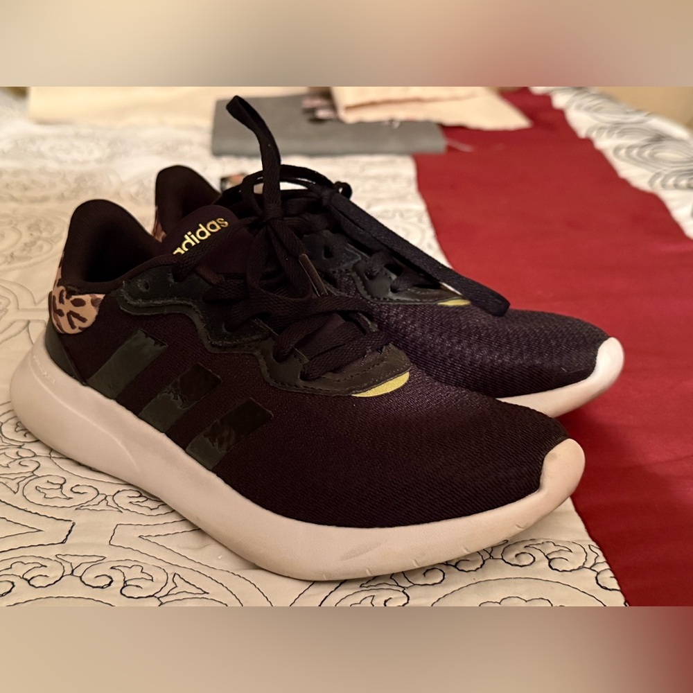 adidas Black Sneakers with White Soles and Leopard Heel
